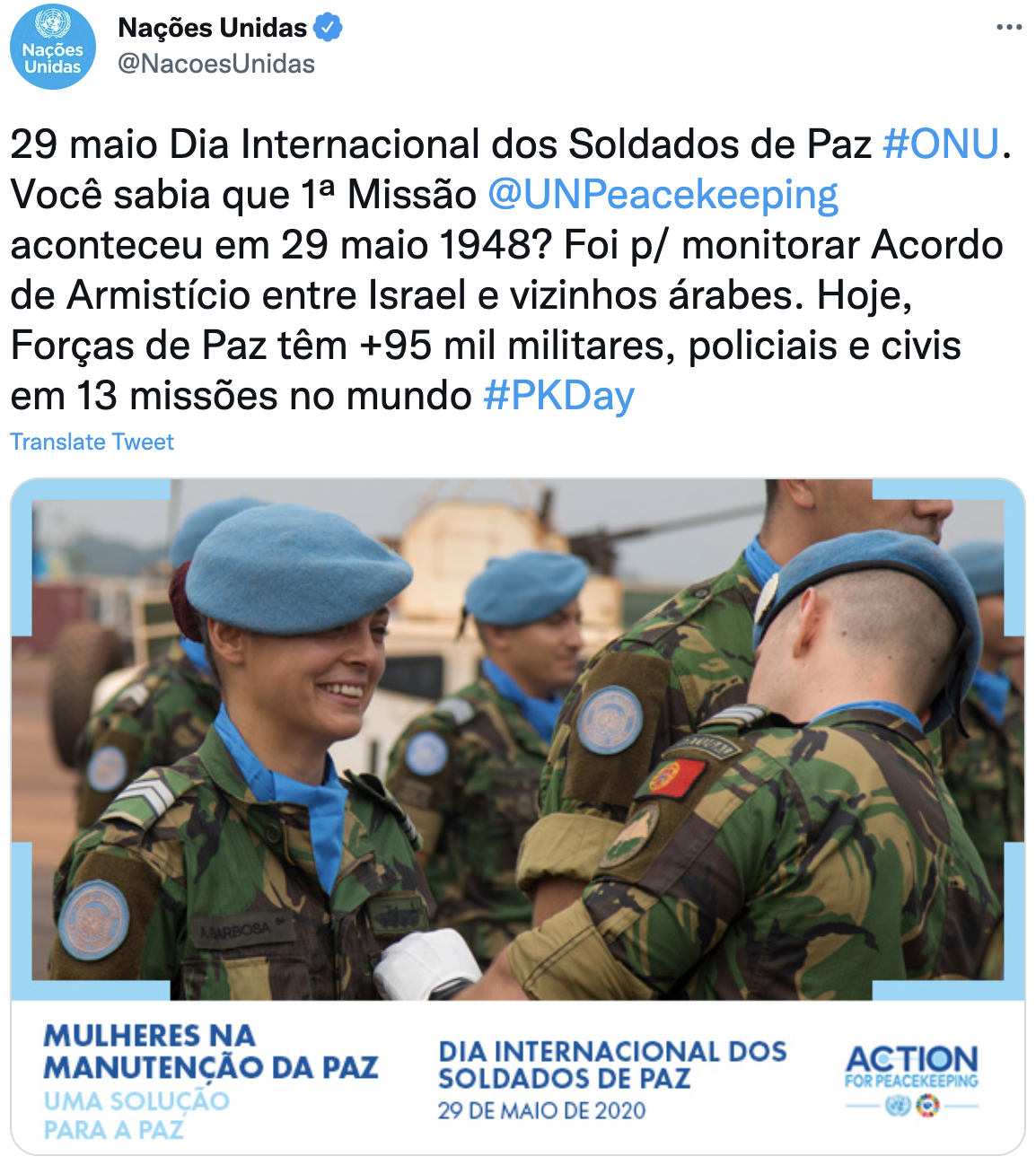 Tweet thanking peackeepers in Portuguese.