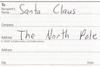 FedEx shipping label addressed to Santa