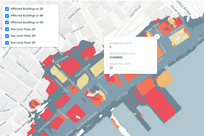 Map of South Street Seaport showing flooding